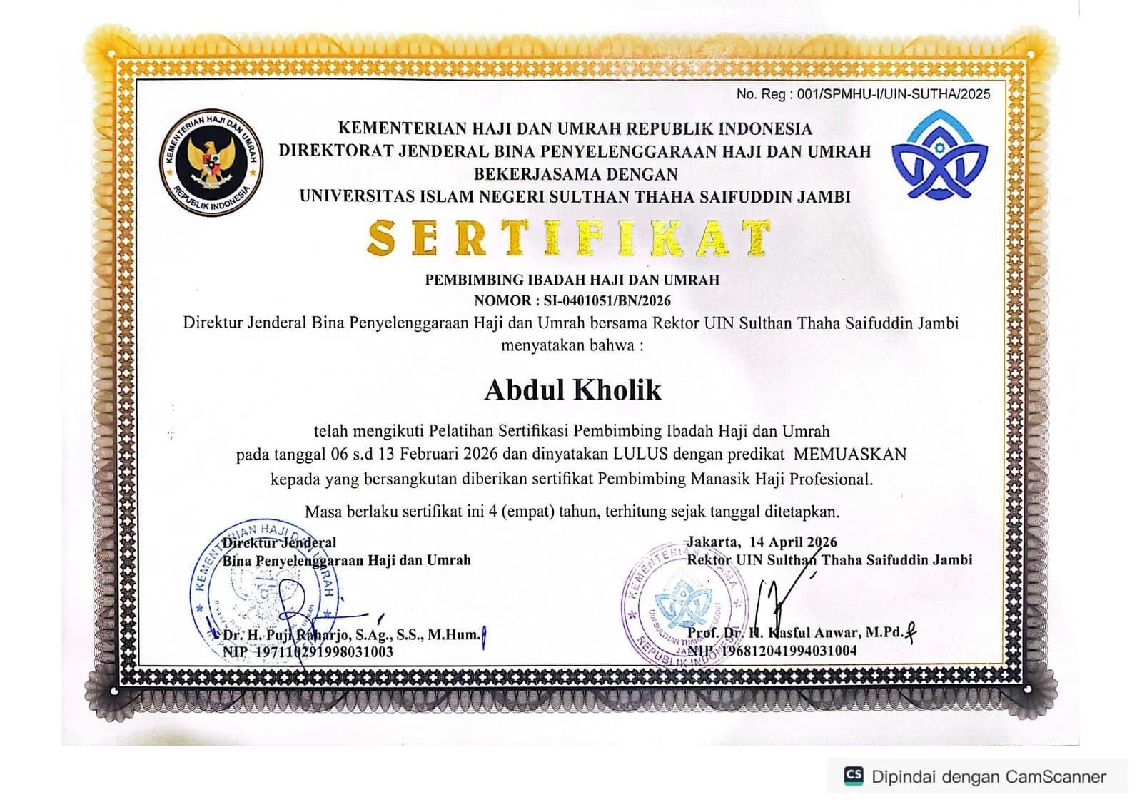 Sertifikat Pembimbing Ibadah Haji dan Umrah atas nama Abdul Kholik