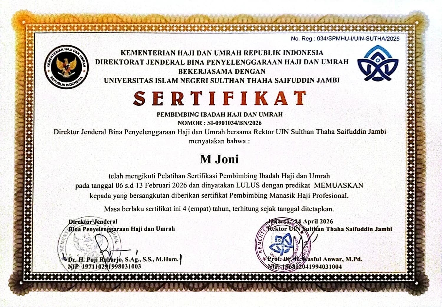 Sertifikat Pembimbing Ibadah Haji dan Umrah atas nama M Joni